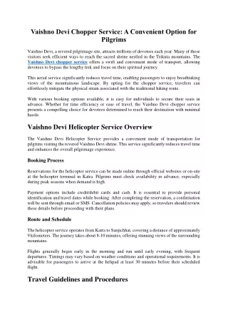 Vaishno Devi Chopper Service - A Convenient Option for Pilgrims