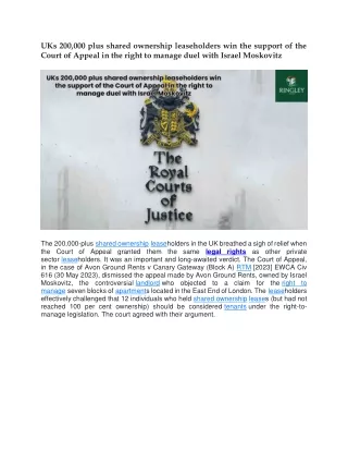 UKs 200,000 plus shared ownership leaseholders win the support of the Court of Appeal in the right to manage duel with I