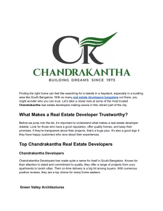 Top Real Estate Developers and Builders South Bangalore