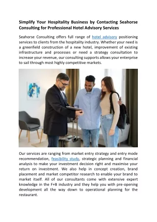 Simplify Your Hospitality Business by Contacting Seahorse Consulting for Professional Hotel Advisory Services