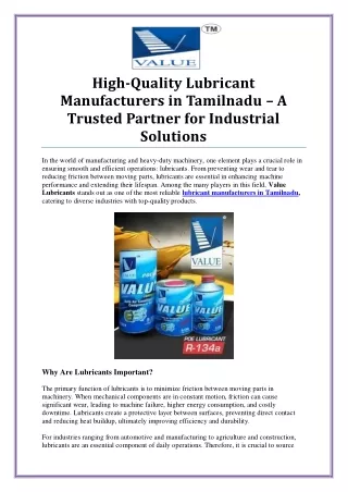 Find the Best Lubricant Manufacturers in Tamilnadu for Your Industry