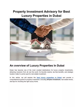 Property Investment Advisory for Best Luxury Properties in Dubai