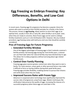 Egg Freezing vs Embryo Freezing Key Differences, Benefits, and Low-Cost Options in Delhi