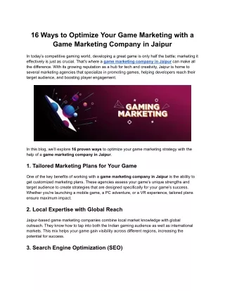 16 Ways to Optimize Your Game Marketing with a Game Marketing Company in Jaipur
