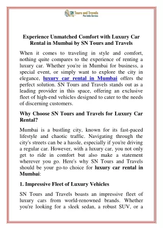 Experience Unmatched Comfort with Luxury Car Rental in Mumbai by SN Tours and Travels
