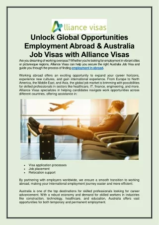 Unlock Global Opportunities Employment Abroad & Australia Job Visas with Alliance Visas