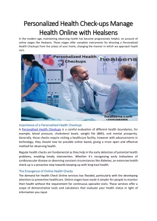 Personalized Health Check-ups Manage Health Online with Healsens
