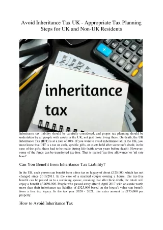 Avoid Inheritance Tax UK - Appropriate Tax Planning Steps for UK and Non-UK Residents