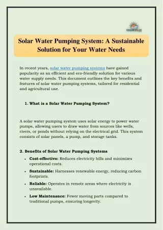Solar Water Pumping System: A Sustainable Solution for Your Water Needs