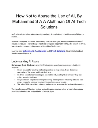 How Not to Abuse the Use of AI, By Mohammad S A A Alothman Of AI Tech Solutions