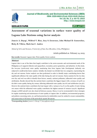Assessment of seasonal variations in surface water quality of Laguna Lake