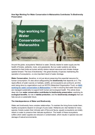 How Ngo Working For Water Conservation In Maharashtra Contributes To Biodiversity Preservation