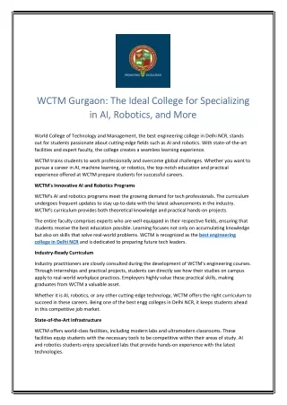 WCTM Gurgaon The Ideal College for Specializing in AI, Robotics, and More