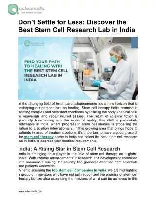 Find Your Path to Healing with the Best Stem Cell Research Lab In India