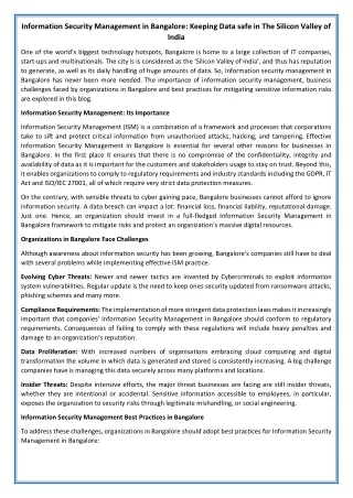 Information Security Management in Bangalore: Keeping Data safe in The Silicon V