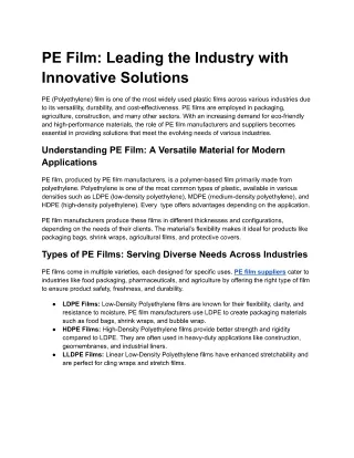 PE Film: Leading the Industry with Innovative Solutions
