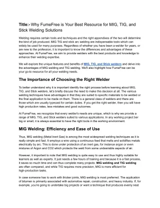 Why FumeFree is Your Best Resource for MIG, TIG, and Stick Welding Solutions