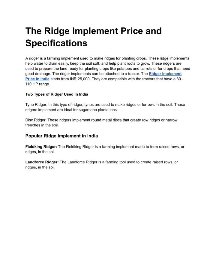 the ridge implement price and specifications