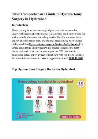 Hysterectomy Treatment procedure in Hyderabad