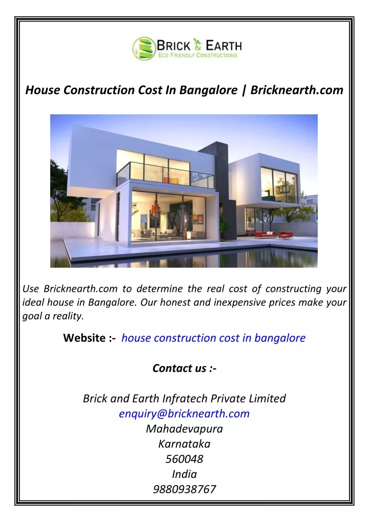 house construction cost in bangalore bricknearth