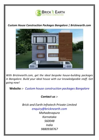 Custom House Construction Packages Bangalore  Bricknearth.com