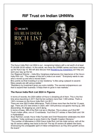 The Hurun India Rich List 2024 and Residency by Investment with RifTrust: A Path