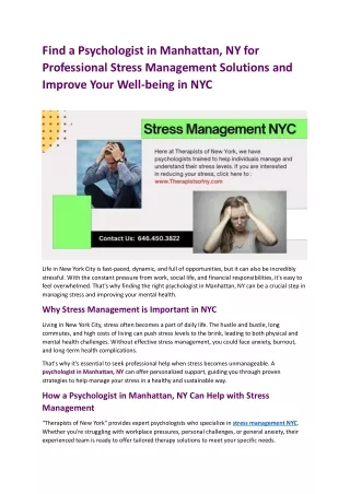 Find a Psychologist in Manhattan NY for Professional Stress Management Solutions and Improve Your Well being in NYC