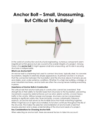 Anchor Bolt – Small, Unassuming, But Critical To Building!