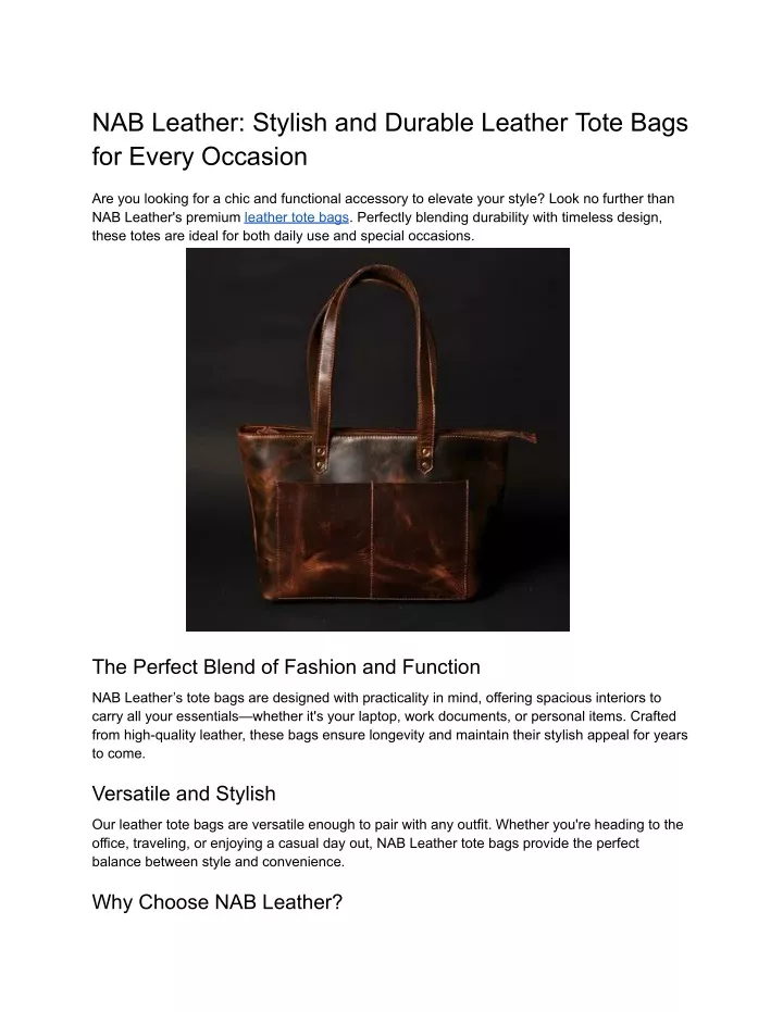 nab leather stylish and durable leather tote bags