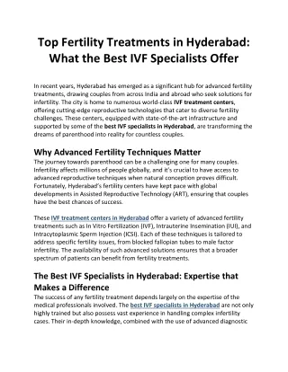 Top Fertility Treatments in Hyderabad What the Best IVF Specialists Offer