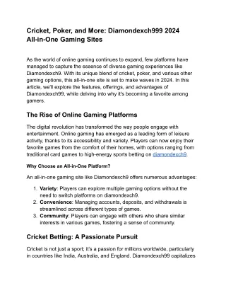 Cricket, Poker, and More: Diamondexch999 2024 All-in-One Gaming Sites