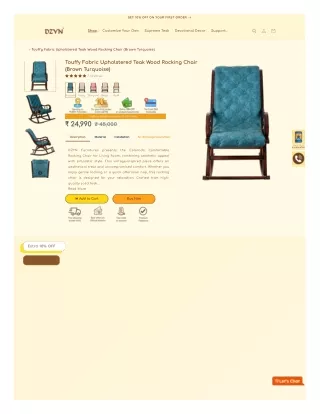 Touffy Fabric Upholstered Teak Wood Rocking Chair (Brown Turquoise)
