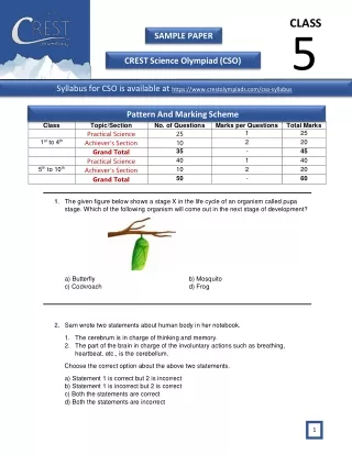 Crest Science Olympiad (CSO) Class 5 Sample Paper