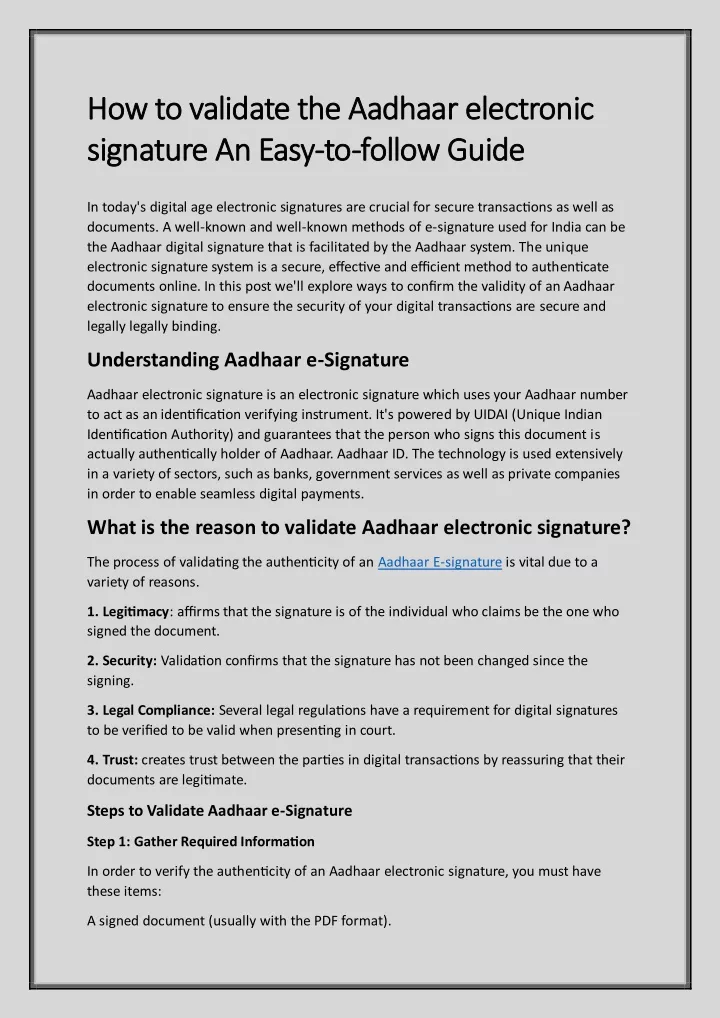 how to validate the aadhaar electronic