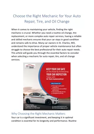 Choose the Right Mechanic for Your Auto Repair, Tire, and Oil Change