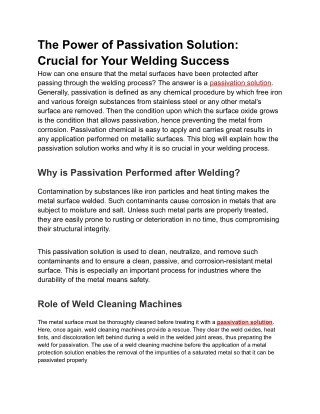 Trusted Passivation Solution by T Clean for Metal Durability