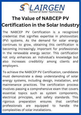 The Value of NABCEP PV Certification in the Solar Industry