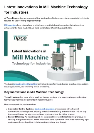 Latest Innovations in Mill Machine Technology for Industries