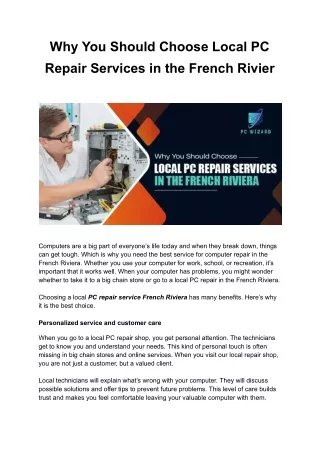 Why You Should Choose Local PC Repair Services in the French Rivier