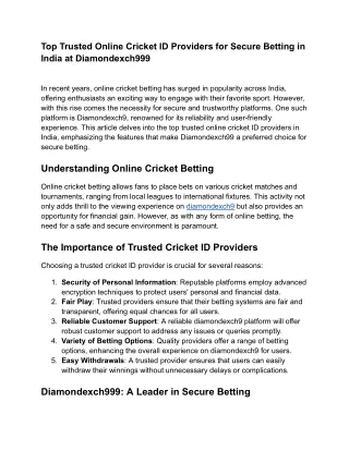Top Trusted Online Cricket ID Providers  in India at Diamondexch999