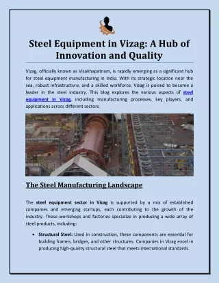 Steel Equipment in Vizag A Hub of Innovation and Quality