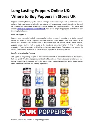 Long Lasting Poppers Online UK