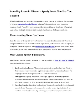 Same Day Loans in Missouri  Speedy Funds Now Has You Covered