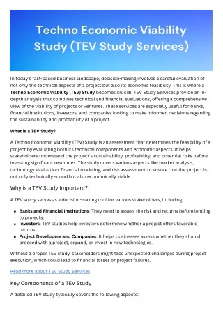 Techno Economic Viability Study (TEV Study Services)