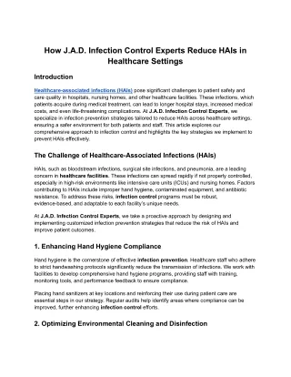 How J.A.D. Infection Control Experts Reduce HAIs in Healthcare Settings