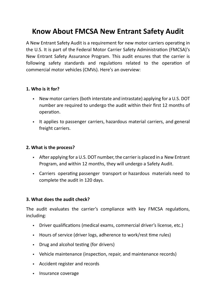 know about fmcsa new entrant safety audit