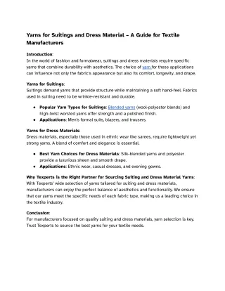 Yarns for Suitings and Dress Material – A Guide for Textile Manufacturers