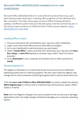 Microsoft Office 365/2021/2019 installation Error code (0x652(1618))