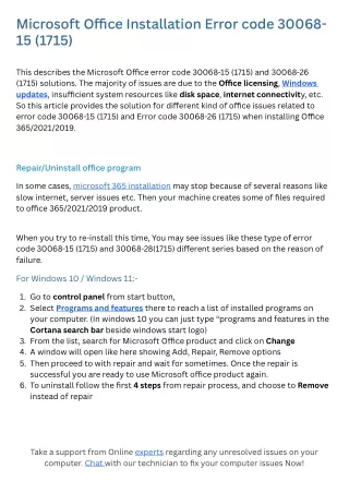 Microsoft Office Installation Error code 30068-15 (1715)