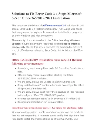 Office 365/2021/2019 Installation error code 3-1 Returns following error message